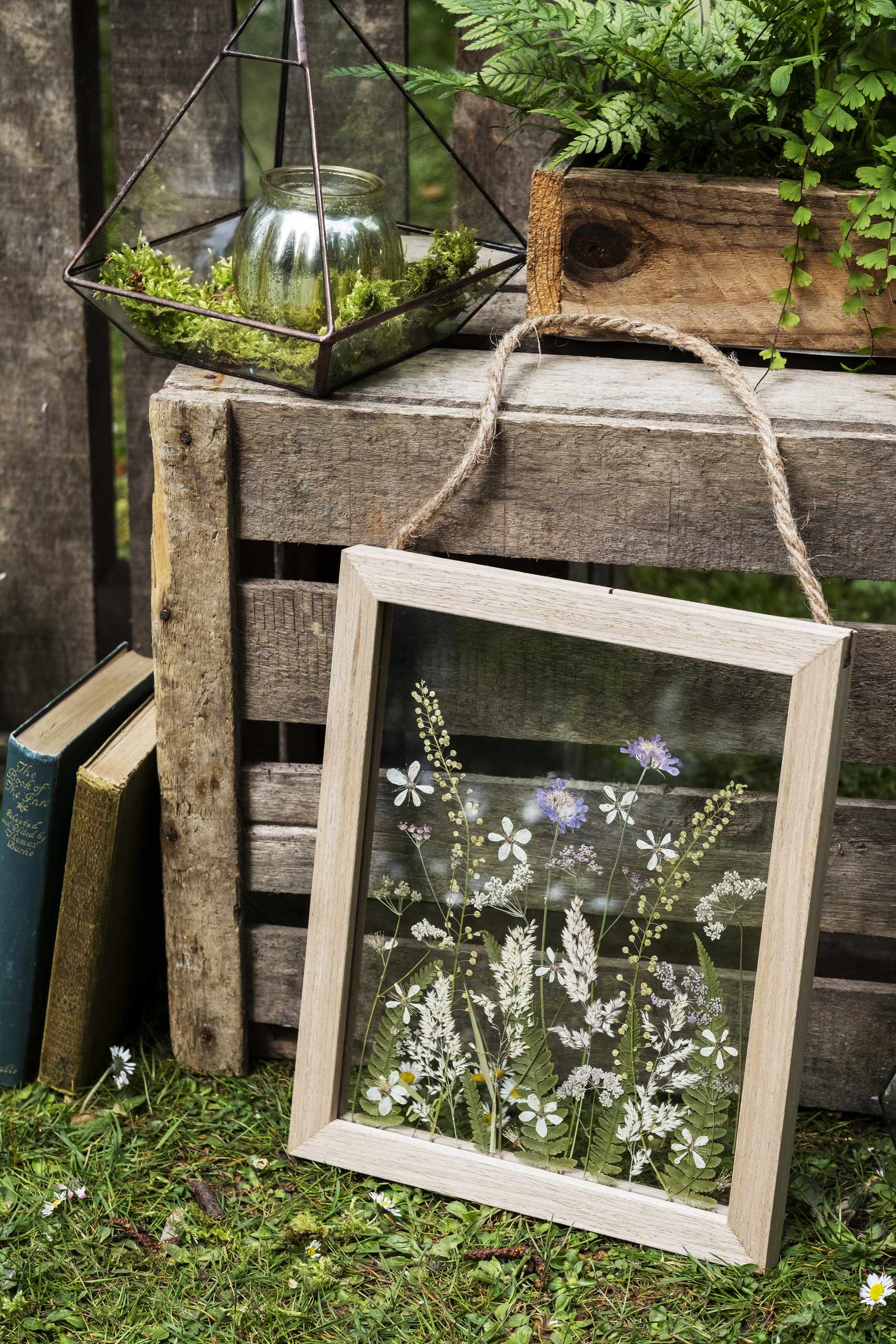 Pressed flowers framed on display with wood accent