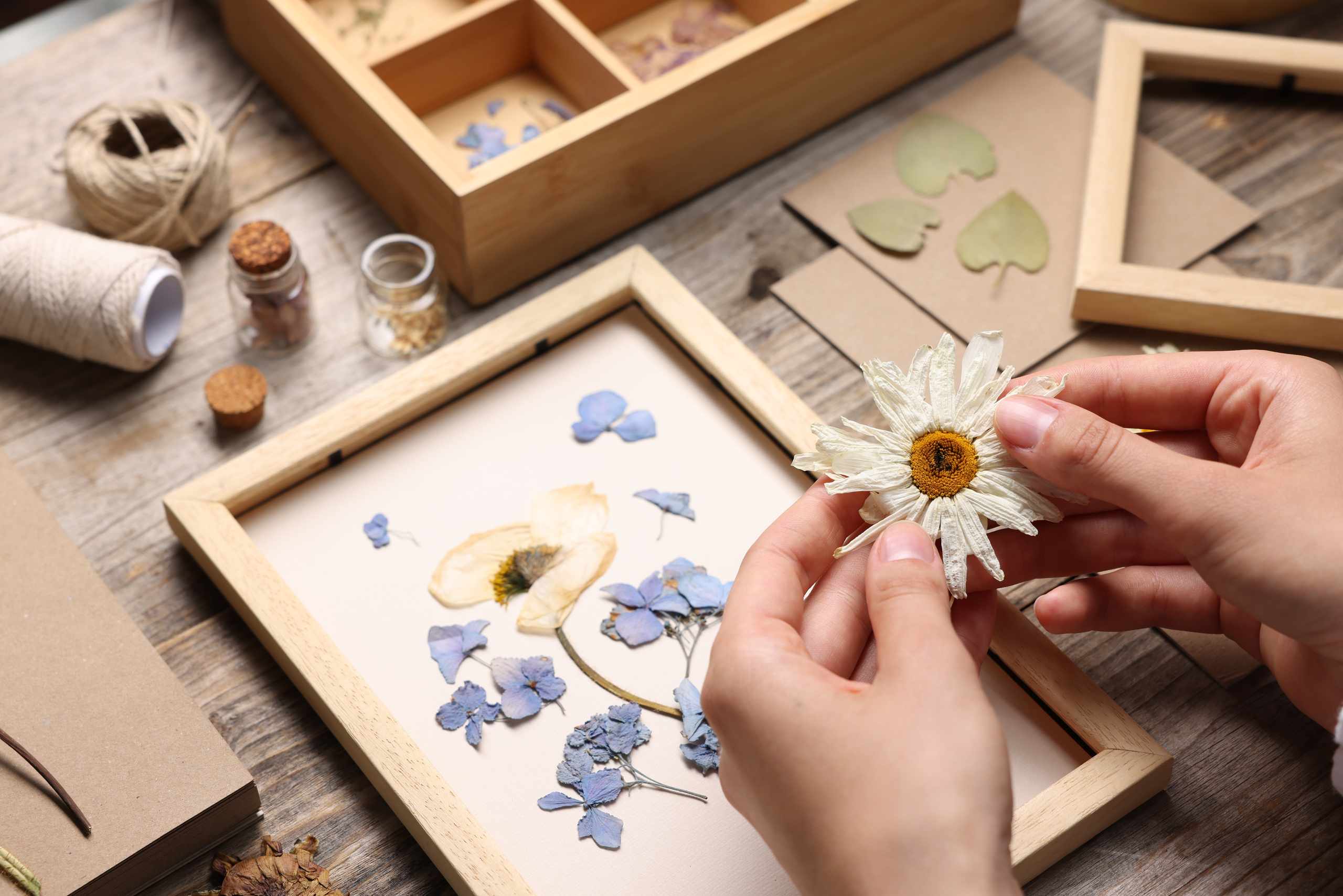 Hands arranging dried flowers in a wooden frame